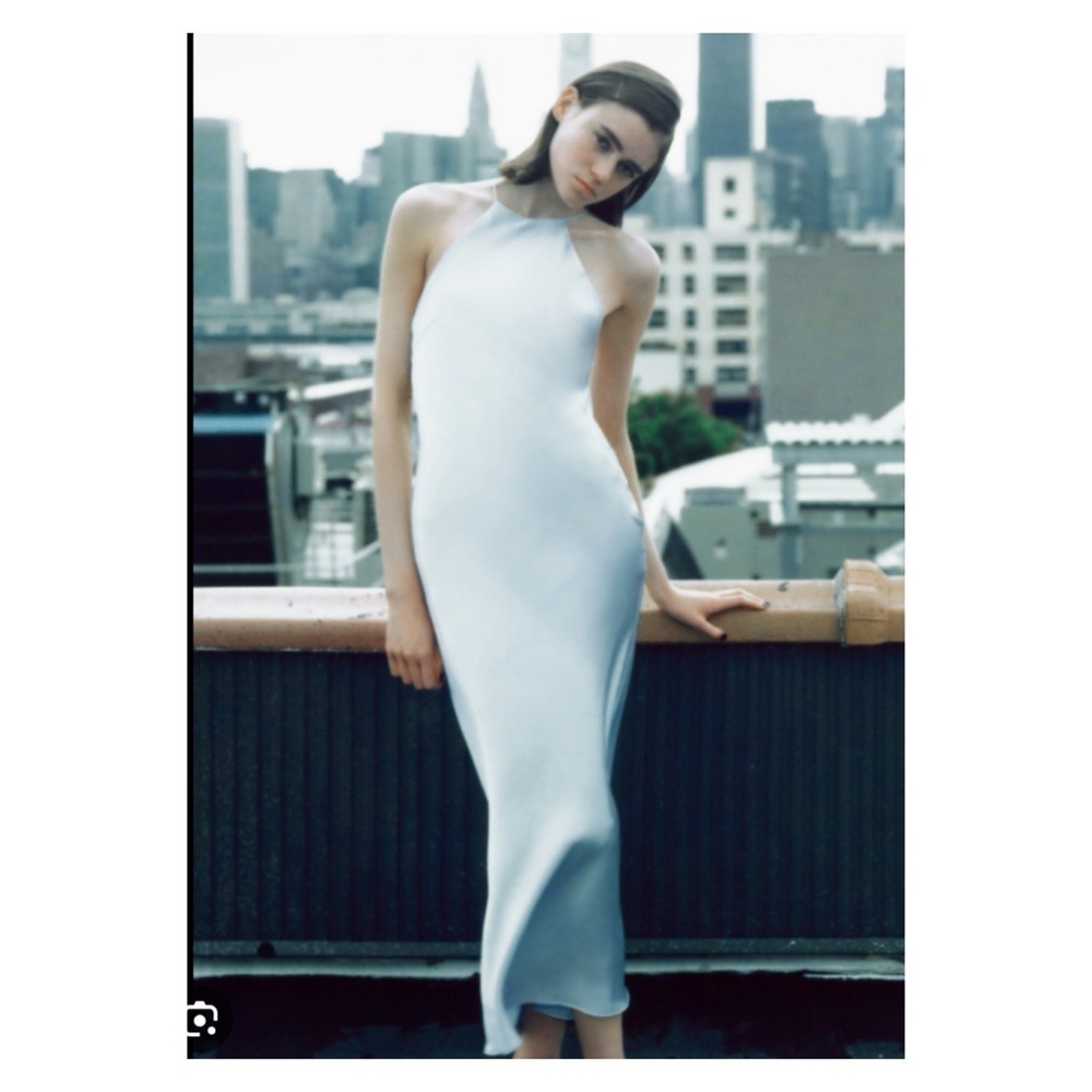 NWT Zara Light Blue Satin Slip Midi Dress Open Back Halter Size M - Picture 5 of 11